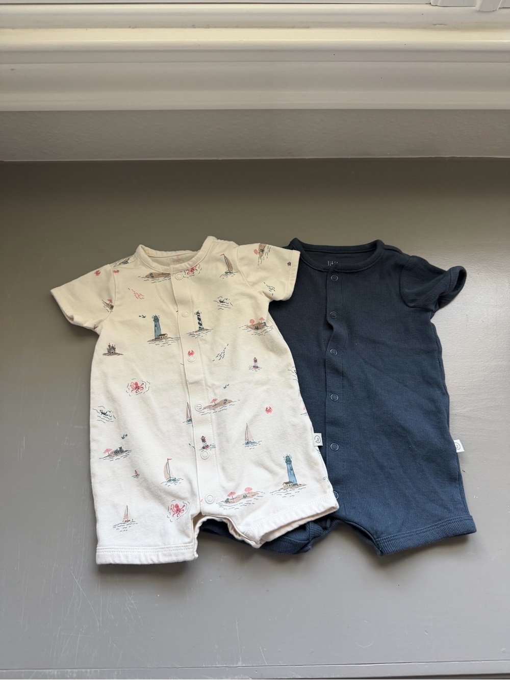 Carter's Cream Nautical Print & Navy Short-Sleeve One-Piece Set